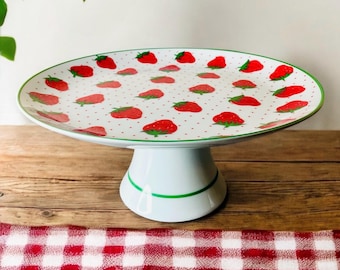Vintage Large Porcelain Strawberry Cake Stand/Cake Display w/Cute Strawberry Designs and Green Accents/Cottagecore Kitchenware/10.25”Diam