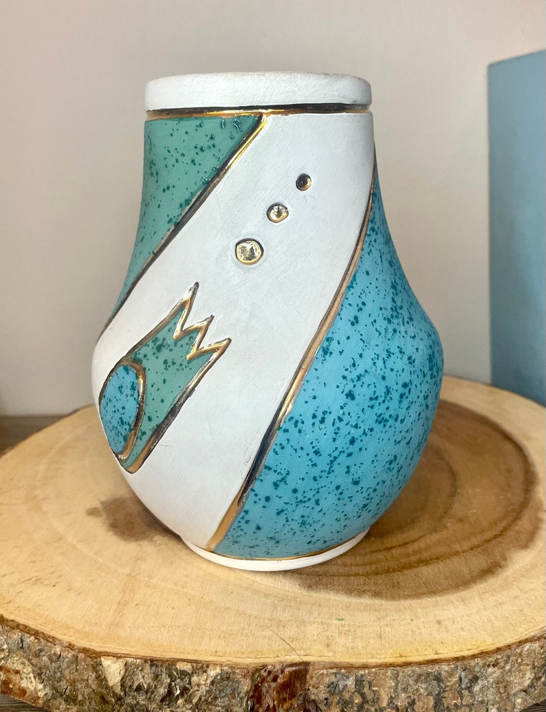 Vintage 1980s Mid Century Modern Style Marble Canyon Pottery Vase with Atomic Design in Aqua/Teal Blue and Vibrant Gold Accents MCM 6T image 5