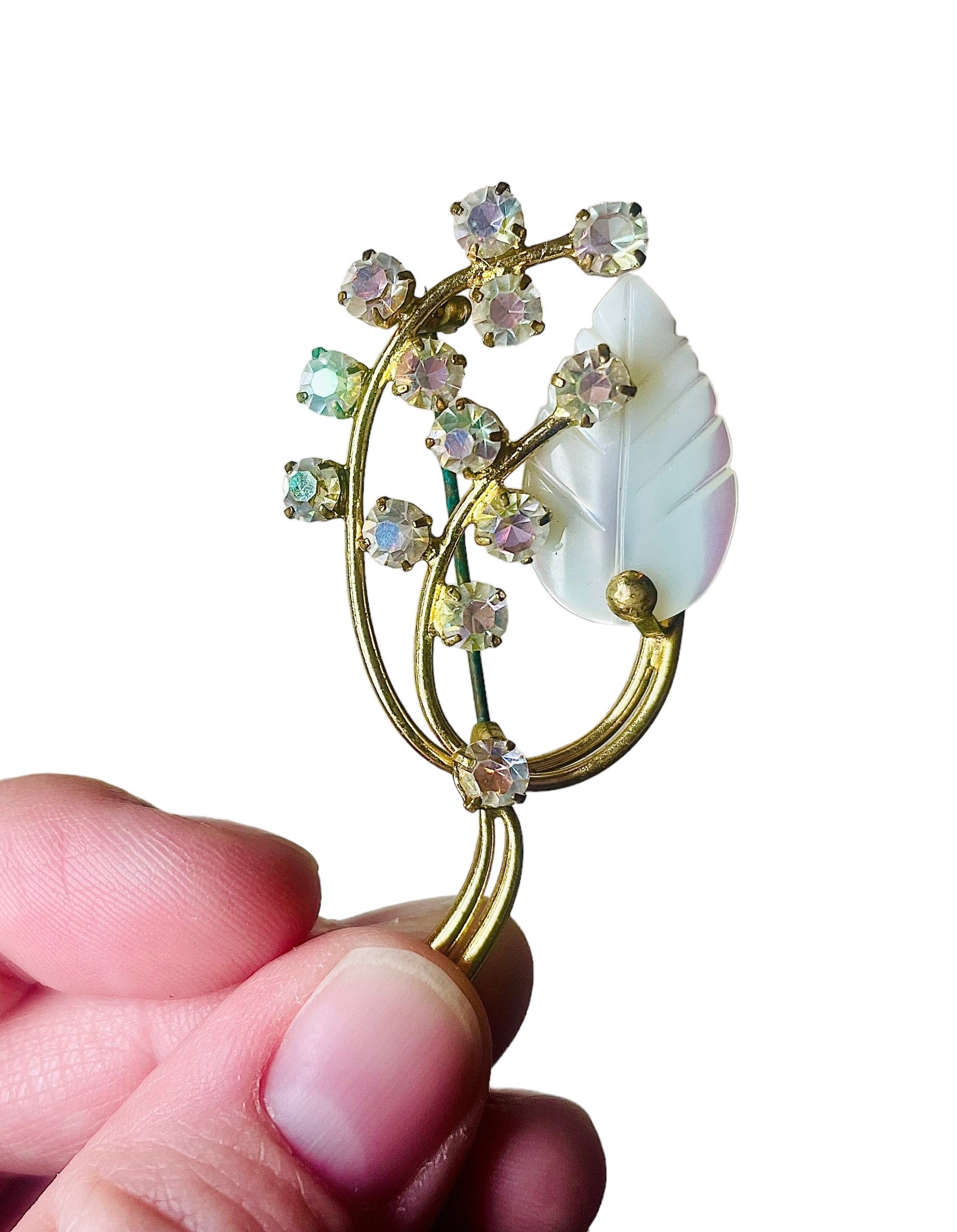 Vintage West Germany Gold Tone Brooch With White Rhinestones and White ...