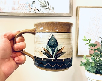 Gorgeous Vintage Boho Handmade Pottery Mug with Handpainted Lotus Flowers with Cool Color Tones, Signed by Artist S. Houseal 1984 4.5"T