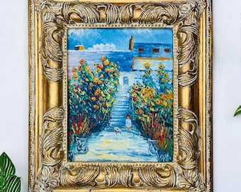 Gorgeous Vintage Original Oil Painting Claude Monet Style of a Village Scene w/Colorful Florals/Impressionist/Gold Ornate Frame/12.5”x14.25