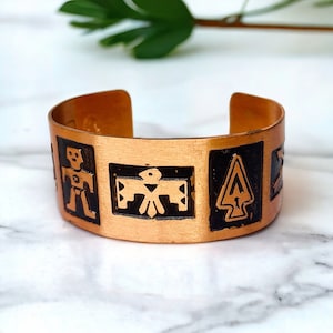 Vintage Tribal Solid Copper Cuff Bracelet w/ Southwestern Embossed Black Designs, Thunderbird/Tribal Designs|Native Copper Jewelry Size 5-6”