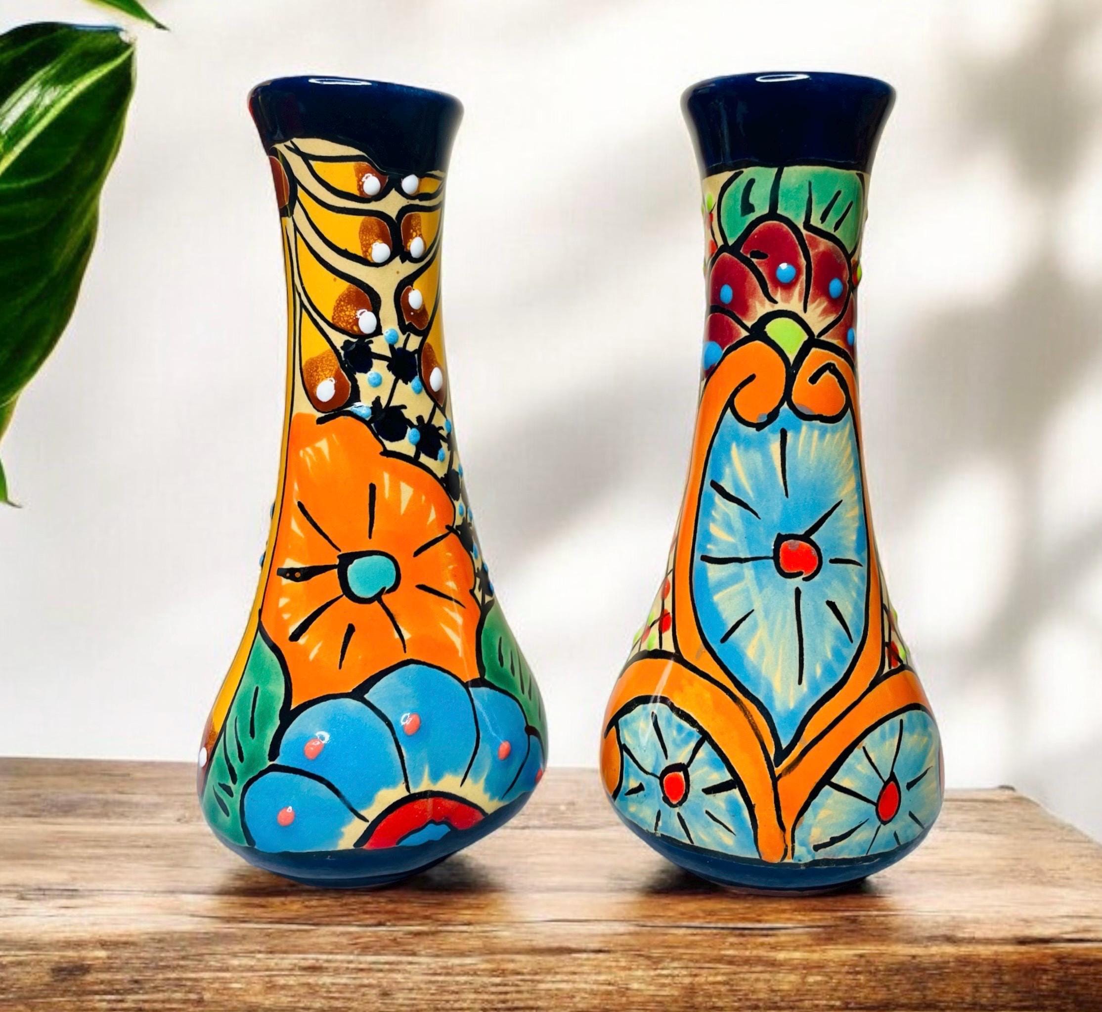 Vintage Mexican Handmade Talavera Pottery Pair of Vases Vibrant