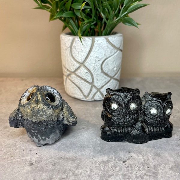 Unique Vintage Handmade and Carved Owl Figurines, Black/Grey Charcoal with Googly Eyes, and Composite Owl Figurines/Boho Owl Decor 2.5”T