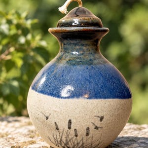 Vintage Handcrafted Studio Pottery Oil Burner/Lamp/Vessel/Vase w/Stopper and Wick/Handpainted Neutral and Blue Glaze with Floral Design/5”T