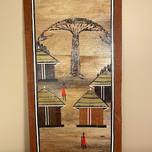 Handmade in Kenya Banana Leaf/Natural Materials Made Wall Hanging Artwork of Village and Village Girls/Primitive Art 16” by 8.25”