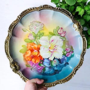 Vintage/Antique Large PM Bavaria Germany Decorative Porcelain Plate w/Handpainted Floral Designs and Gold Gilt Scalloped Edges/12.5”Diameter