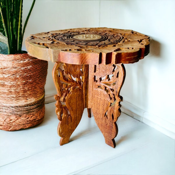 Bohemian Vintage 1970’s Handmade Carved Wooden Stool/Plant Stool with Intricately Carved Floral and Swirl Details Mother of Pearl Inlay 13"t