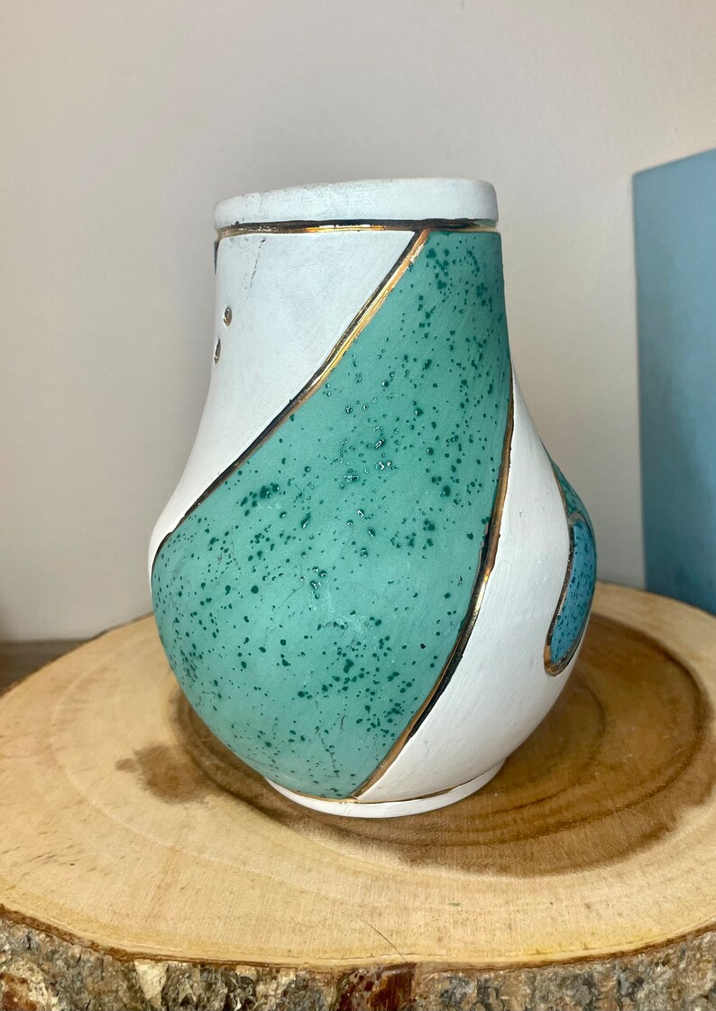 Vintage 1980s Mid Century Modern Style Marble Canyon Pottery Vase with Atomic Design in Aqua/Teal Blue and Vibrant Gold Accents MCM 6T image 6