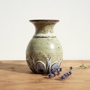 Vintage Handmade Thrown Pottery Small Vessel/Bud Vase w/Speckled Cream Glaze and Light Purple Openwork Details/Cork Stopper/Boho Vessel/4”T