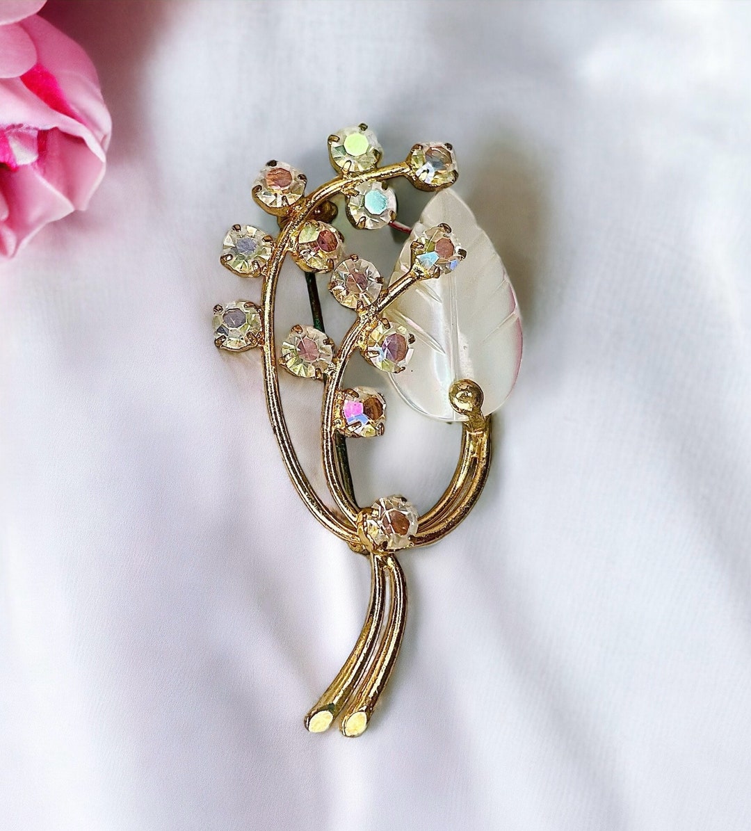 Vintage West Germany Gold Tone Brooch With White Rhinestones and White ...