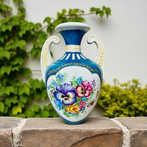 Rare Vintage/Antique French Art Nouveau Style Porcelain Handled Vase Intricately Handpainted Turquoise Blue & Floral Designs/Dotted Accents