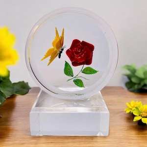 Vintage Lucite Paperweight with Square Base & Reverse Carved Butterfly and Rose Design/Vintage Lucite/Paperweight/Bookshelf Decor by Wald
