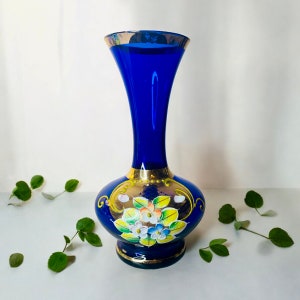 Vintage Bohemian Czech Cobalt Blue Glass Vase with Fluted Top Handpainted Florals and Gold Accents/Blue Floral Vase/Bohemian Style Decor 6”t