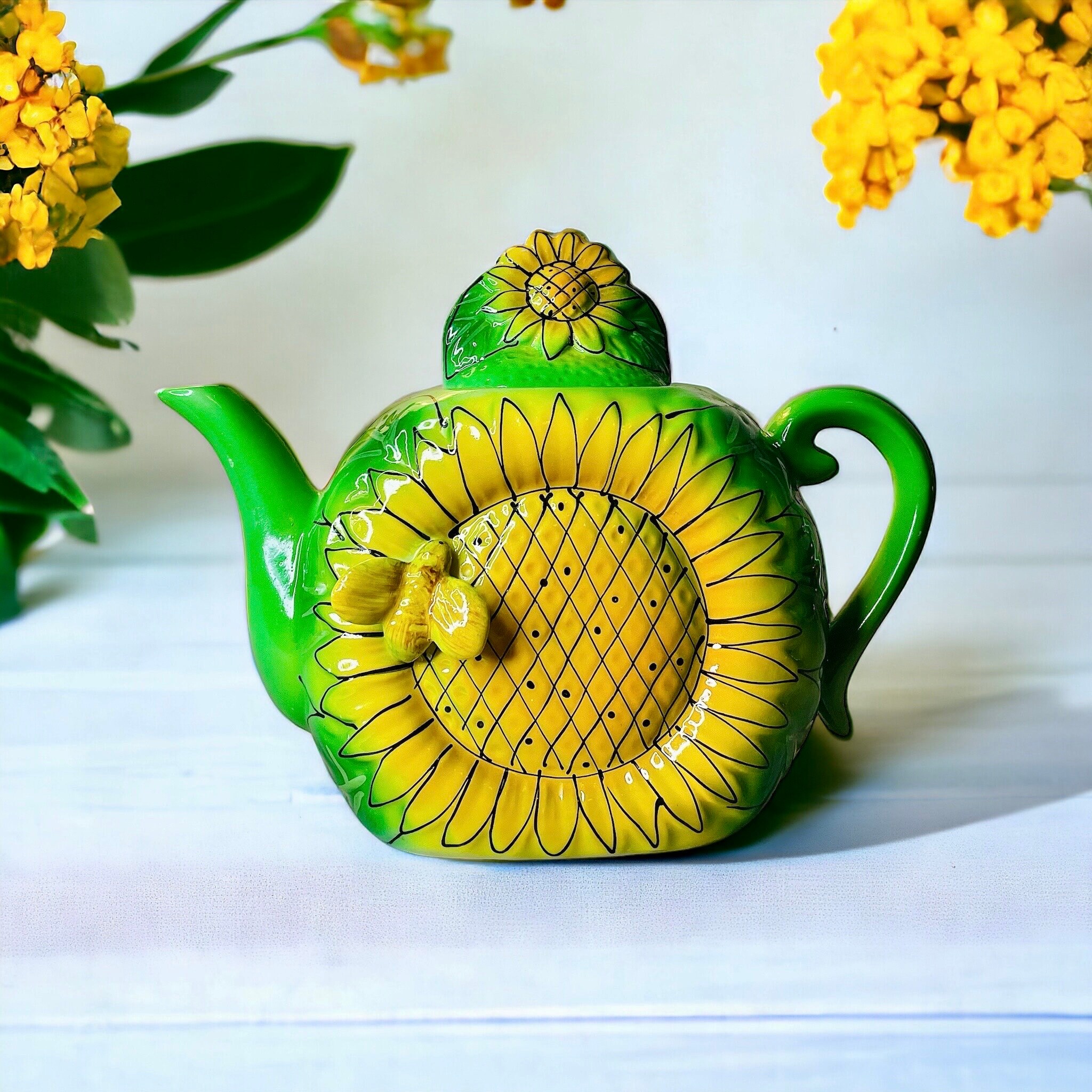 Vintage Handmade Small Ceramic Teapot, Retro Vibrant Handpainted Green, with Yellow Sunflower and 3D Bee Design Funky Groovy Kitschy Decor