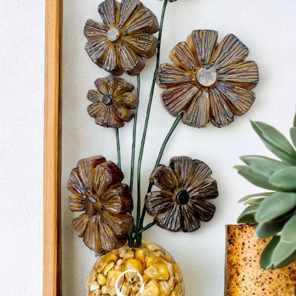 1970’s Vintage Unique Handmade Lucite Wire Flowers on Acrylic/Resin Ball Base with Encased Corn, with Brown Resin 8"T Overall H