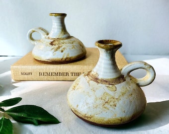 Vintage Handmade Studio Pottery Pair of Candlestick Holders Cream Glaze w/ Brown Speckle Accents by Steve Ashley/Neutrals/Boho/MCM/Primitive