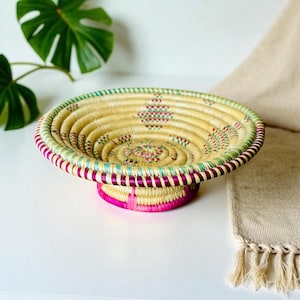 Pretty Boho Small Handmade Woven Spiral Basket With Pink/Purple & Green Pattern Accents With Pedestal/Decorative Baskets/Bohemian Decor/7”Di
