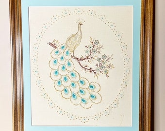 Stunning 1970’s Vintage Handmade Embroidered Peacock Large Wall Hanging, Gallery Wall Decor, Peacock/Gallery Wall Hangings 21.5”L by 18.25”W