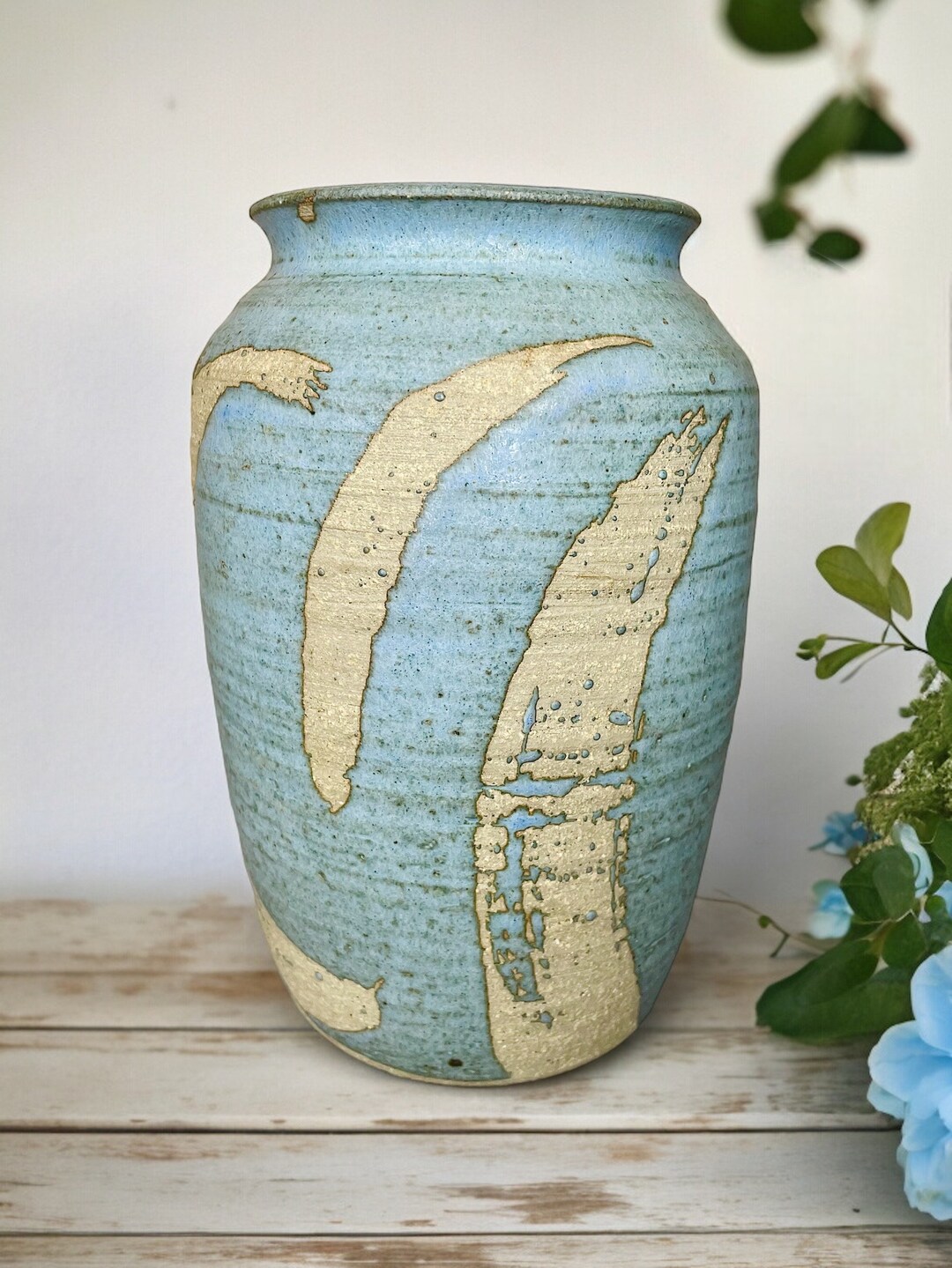 Vintage 1970’s Hand Thrown Pottery Vase Baby Blue With Cream Glaze and ...