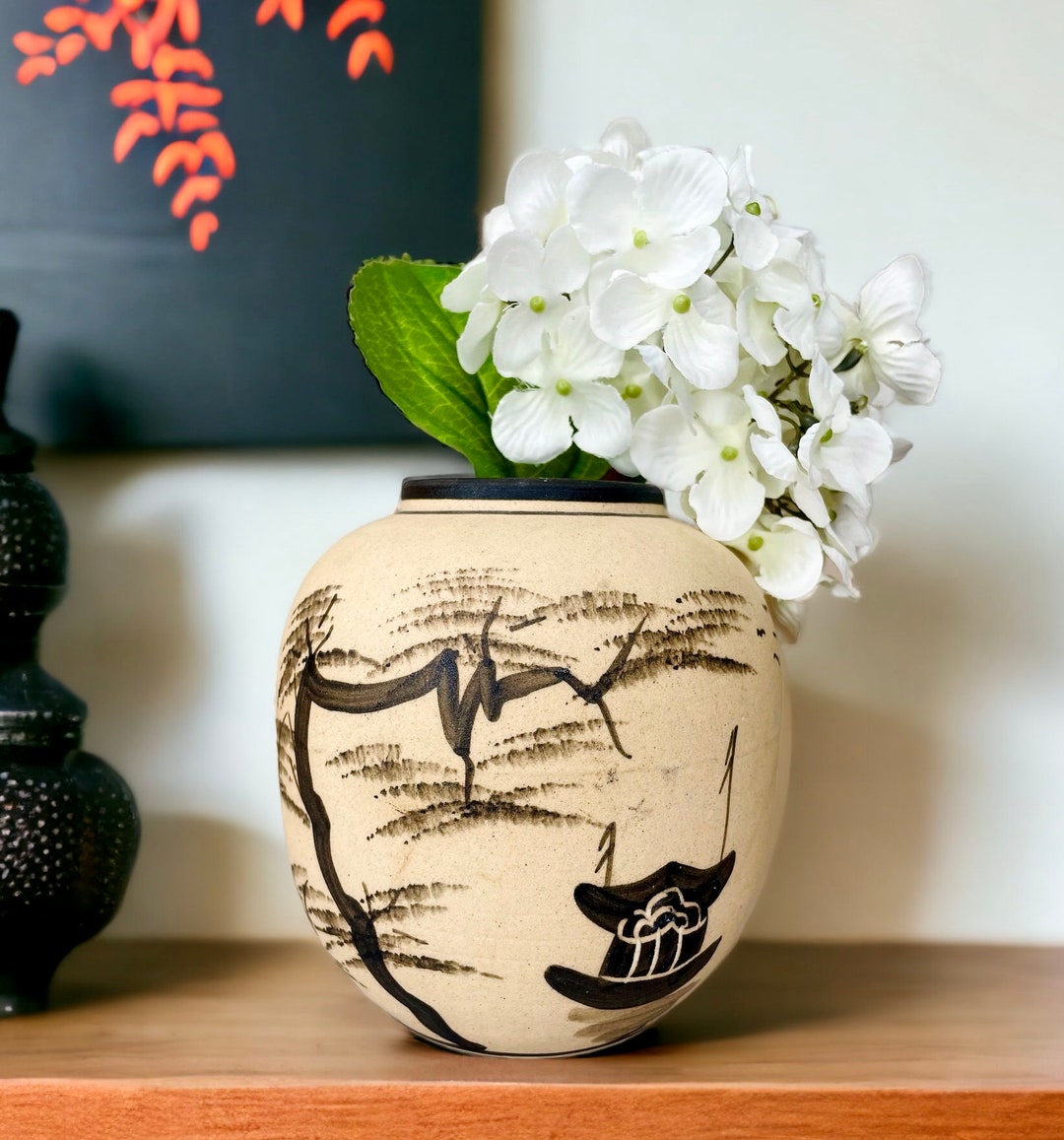 Vintage Asian Handmade Bisque Pottery Vase With Handpainted Bonsai Tree ...