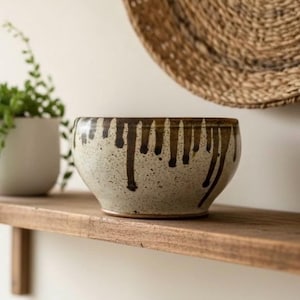May include: A speckled ceramic bowl with a beige base and dark brown drip design. The bowl sits on a wooden shelf, with a potted plant to the left and a woven wall hanging in the background. The bowl is a decorative item.