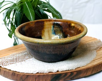 Vintage Esteban Studio Pottery Small Handmade Pottery Bowl with Earth Tone Glazes/Drip Style Glaze Design, MCM Decor/Boho Kitchen/Rustic