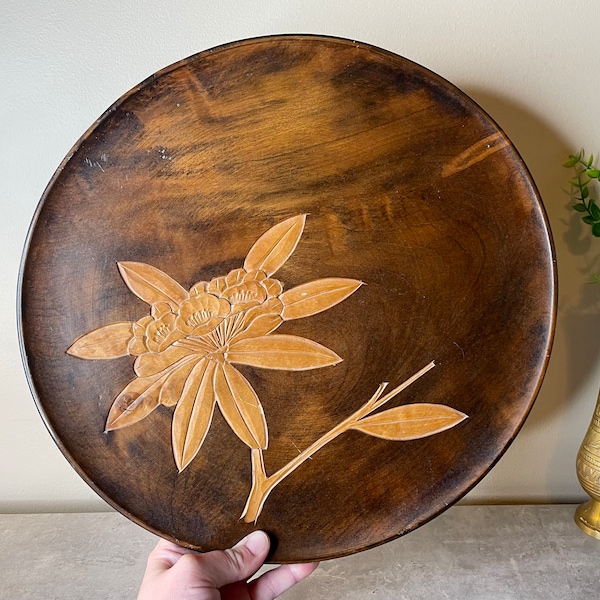 Stunning Vintage Hand Carved Natural Walnut Large Wooden Decorative Plate with Inlaid Lighter Wood Flower Design, Handmade 13.75” Diameter