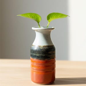 May include: A ceramic bud vase with a flared rim, featuring a white upper section, a dark charcoal band, and a vibrant orange base with subtle horizontal ridges. Two bright green leaves emerge from the opening of the small, cylindrical vessel.