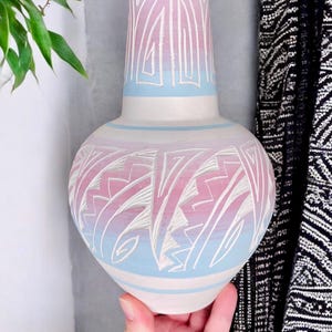 Vintage Handmade Navajo Pottery Vase with Etched Geometric Designs and Handpainted Light Pink and Blue Ombre Colors/Southwest Decor/Boho/9”T