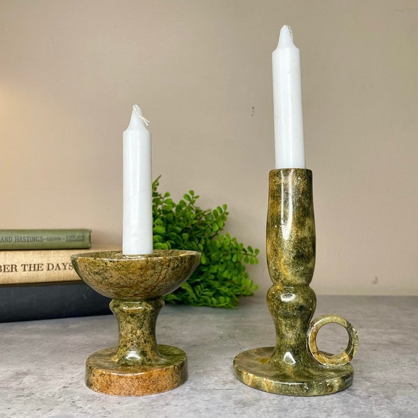 Vintage Art Nouveau Style Granite Colored Marble Stone Small/Mini Pair of Candlestick Holders/Chamber Style/Pedestal/Speckled Green 3-5”T