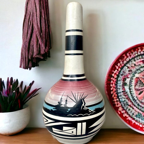 Beautiful Vintage Navajo Pottery Cedar Mesa Vase, Handpainted Pastel Landscape Scene on Handmade Navajo Pottery Vase/Jug Style 10"T