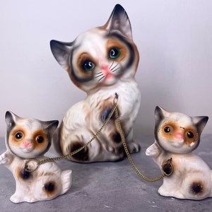 Adorable 1960’s Vintage Lefton Anthropomorphic Porcelain Handpainted Tabby Cat Momma 6&quot; with Baby Kittens 2&quot; on Chains Figurines