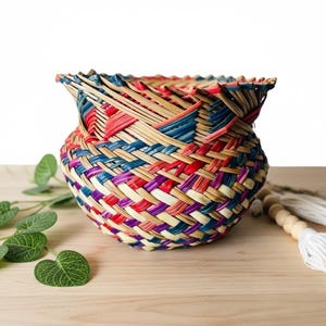 May include: A handwoven basket with a colorful design. The basket features a mix of red, blue, purple, and natural tones. It is sitting on a light wood surface, with green leaves and a decorative tassel nearby.