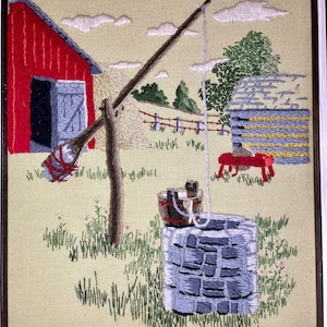 Vintage Handmade Embroidered Crewel Artwork Wall Hanging of Rustic Barn and Water Well 22.25”L by 18.25”W/Handmade Vintage Crewel Artwork