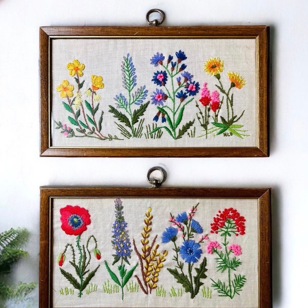 Gorgeous Vintage Handmade Pair of Crewels Hand Embroidered with  Intricate Colorful Flower Designs, Floral Crewels Both Wood Framed w/ Glass