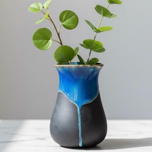May include: A ceramic vase with a two-tone design, featuring a glossy blue top that drips down over a matte black base. The vase holds green leafy stems, creating a natural, decorative accent. The vase is approximately 8 inches tall.
