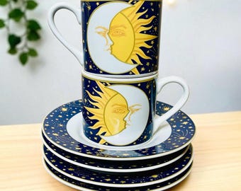 Vintage 1990’s Celestial Boho Set of 6 Vitromaster Galaxy Sun Moon & Stars Espresso Cups(2) and Saucers(4)/Bohemian/Celesital Decor/Kitchen