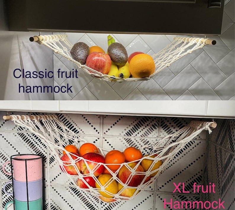 Macrame Fruit Hammock | Hanging Fruit Basket | Produce Storage | Under Cabinet Kitchen Organizer | Handmade Cotton Decor image 2