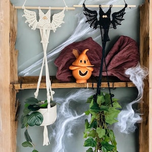 May include: Two macrame plant hangers, one white and one black, each with a bat-like design. The white hanger holds a white pot with a green plant, and the black hanger holds a pot with a trailing green plant. A ceramic jack-o'-lantern sits on a shelf.