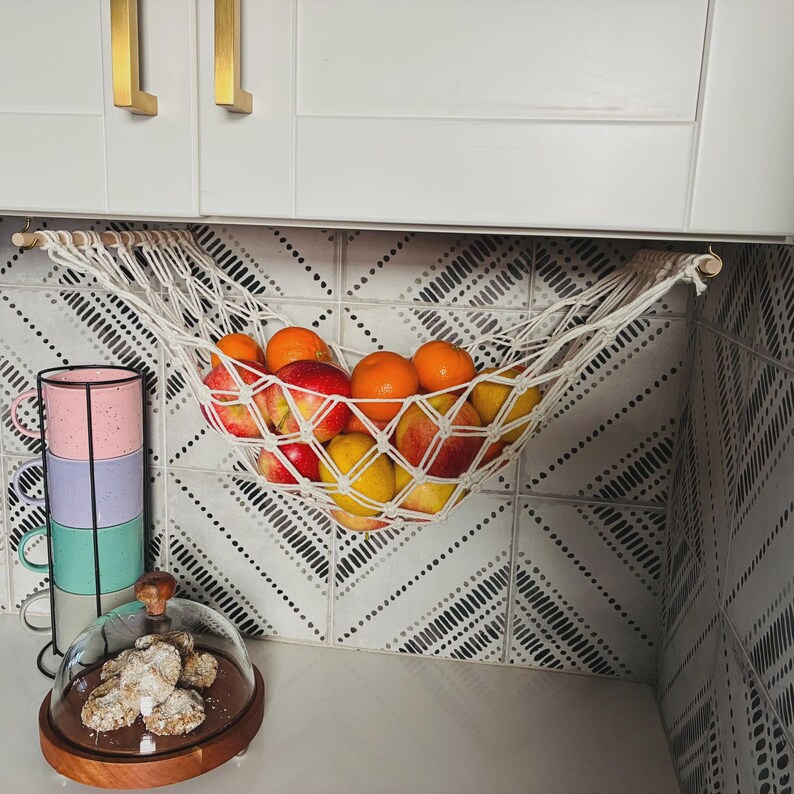 Macrame Fruit Hammock | Hanging Fruit Basket | Produce Storage | Under Cabinet Kitchen Organizer | Handmade Cotton Decor image 3