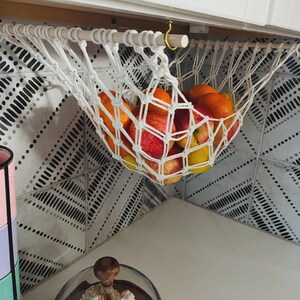 Macrame Fruit Hammock | Hanging Fruit Basket | Produce Storage | Under Cabinet Kitchen Organizer | Handmade Cotton Decor image 11