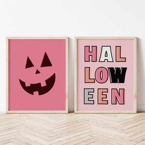 Pastel Halloween Sign, Cute Pumpkin Face Print, Pink Halloween Printable Art, Pinkoween, Girly Halloween, Set of 2, Digital Download