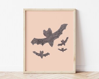 Kunst vliegende vleermuis Halloween, Halloween-muurdecoratie, bord zwarte vleermuis, schattige vleermuis, afdrukbare digitale download, Instant Download