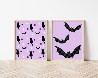 Halloween Cat Wall Art, Bats Decor, Pastel Halloween, Pink Halloween Decor, Set of 2, Digital Download