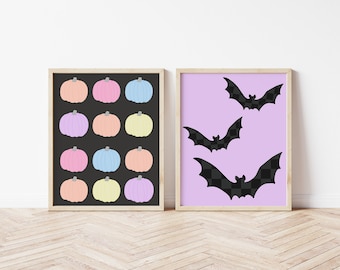 Pumpkin Halloween Art, Checkered Bats, Pastel Halloween Printable, Pastel Halloween Wall Art, Pastel Halloween Party, Digital Download