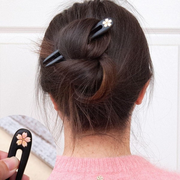 Wooden Cherry Blossom Hair Pin, Natural U Shape Hair Fork, Handpainted Flower, Gift for Her