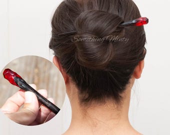 Wand Inspired Wooden Hair Stick with Red Resin Design, Black Hair Pin
