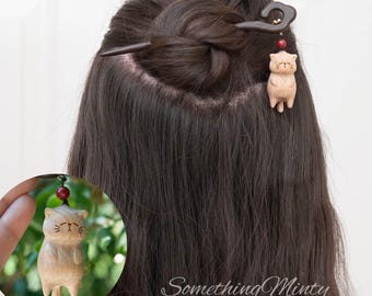 Custom Sleepy Cat Wooden Hair Stick, Short Hair Pin, Natural Accessory Gift