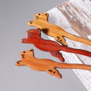 Cute Carved Wood Cat Shape Hair Stick/ Long Smooth Hair Stick for Thick Hair/ Bun Holder and Ponytail Holder/Gift for Her